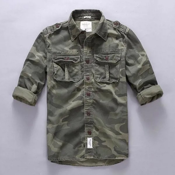 Мужская армейская камуфляжная хлопковая рубашка-карго с длинным рукавом и принтом