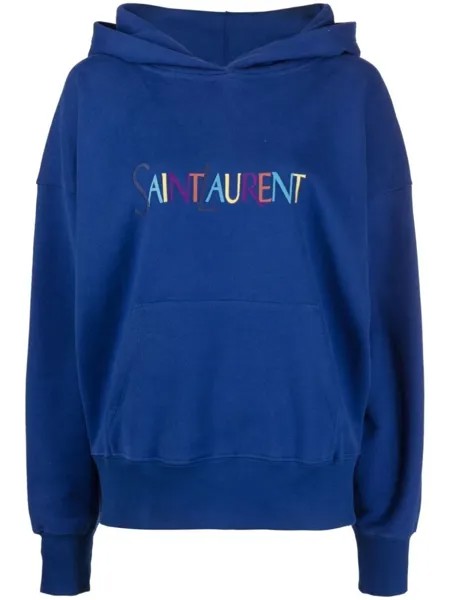 Saint Laurent худи с длинными рукавами и вышитым логотипом, синий