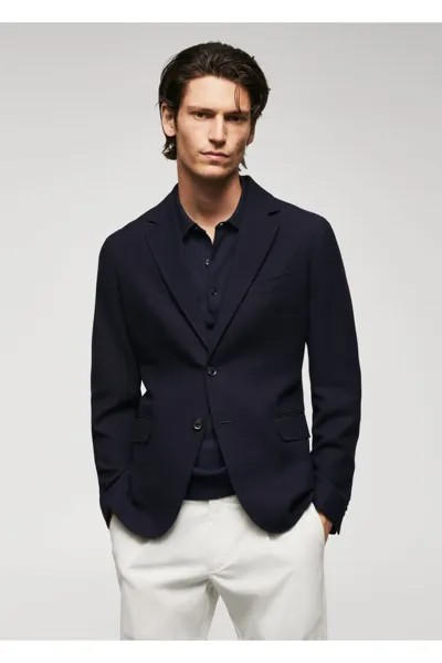 Приталенный пиджак из формованного хлопка Mango, темно-синий