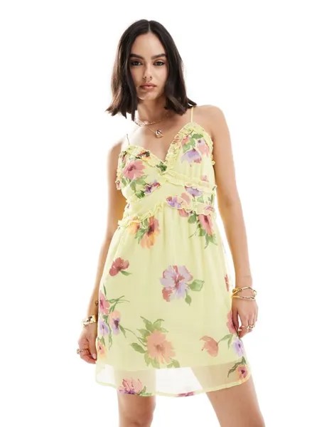 Vero Moda – Лимонное мини-платье на бретелях с рюшой в цветочный узор