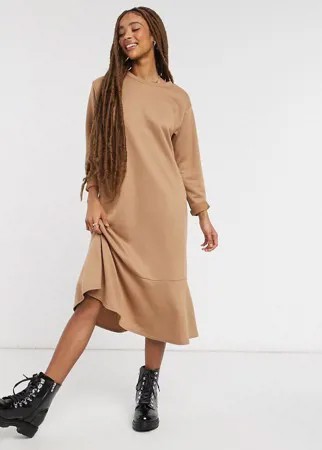 Бежевое платье-свитшот миди с волнистым подолом New Look-Коричневый