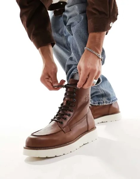 Американские теплые кожаные ботинки Tommy Hilfiger зимнего коньячного цвета