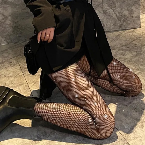Лето Fishnet Бриллиантовые колготки Женщины Сексуальная мода Блестящая сетка Колготки Женские тонкие стразы Сетка Сетка НейлонОвые чулки Колготки