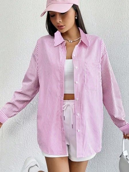 SHEIN EZwear рубашка в полоску, с открытыми плечами, розовый