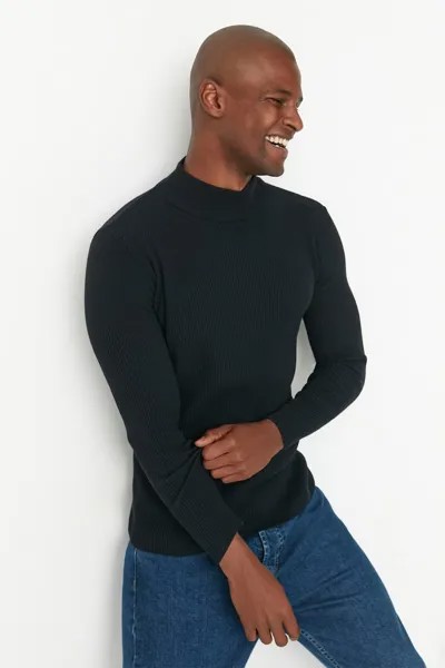 Рубчатый свитер с низким воротником Trendyol, черный