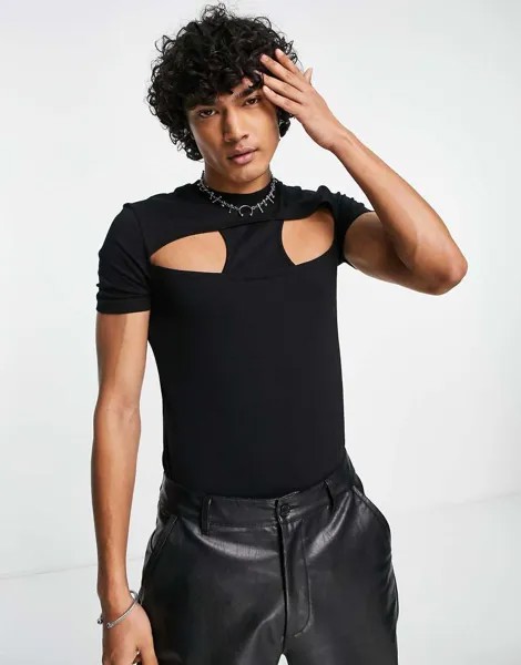 Черная двухслойная футболка облегающего кроя с вырезом ASOS DESIGN-Черный цвет
