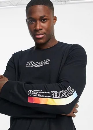 Черный лонгслив с принтом на груди, на спине и на рукавах Hollister-Черный цвет