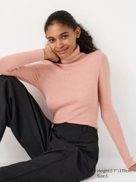 Джемпер с высоким воротом из мериноса в рубчик Uniqlo, розовый