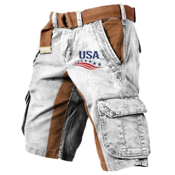 Мужские винтажные тактические шорты с принтом флага США и несколькими карманами