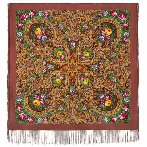 Платок Павловопосадская платочная мануфактура,110х110 см, горчичный, коричневый