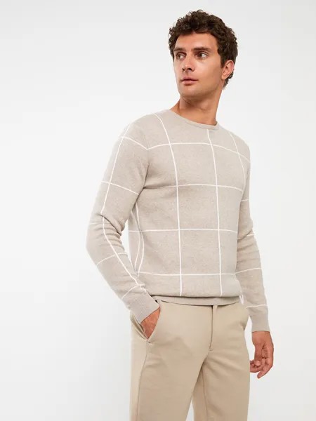Мужской вязаный свитер в клетку с круглым вырезом и длинными рукавами LCW Vision, бежевый