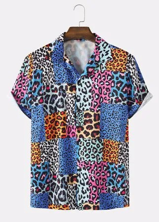 Мужской смешанный леопардовый принт Revere Collar с коротким рукавом Рубашка