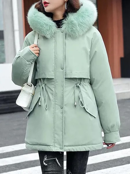 Milanoo Puffer Coats For Women Pale Green Long Drawstring Hooded Zipper Long Sleeves Casual Thicken