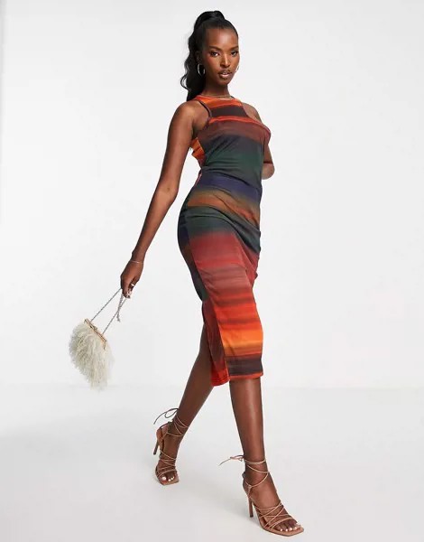 Платье миди с горловиной в стиле борцовки асимметричного кроя и принтом с эффектом омбре NaaNaa-Разноцветный