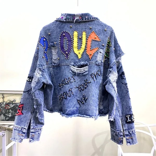 Женская джинсовая куртка Nice Pop, Повседневная осенняя куртка с принтом граффити и алфавита, с цветными бусинами и дырками, базовое пальто для студентов