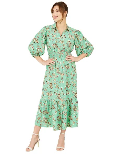 Платье-рубашка миди с цветочным принтом и объемными рукавами Yumi, зеленый