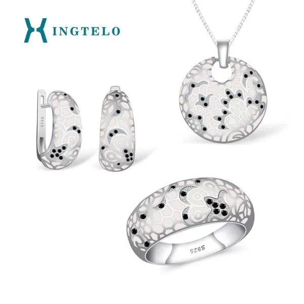 XINGTELO, серебро 925 пробы, свадебный набор украшений для женщин, серьги из черной шпинели, подвеска, кольцо, цепочка, белая эмаль, ювелирное изде...