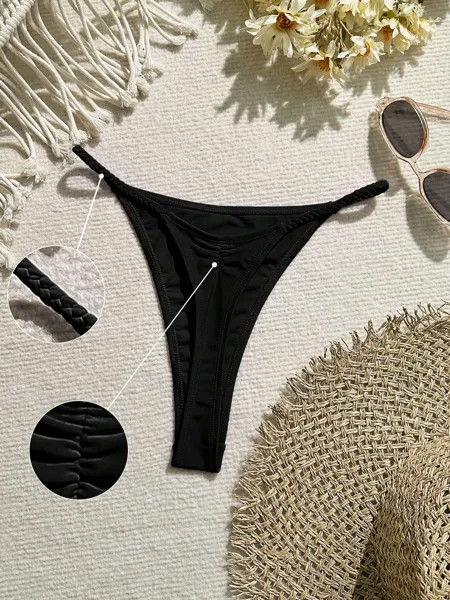 SHEIN Swim Vcay Летний пляжный сплошной цвет Сексуальные стринги Бикини Низ, черный цвет