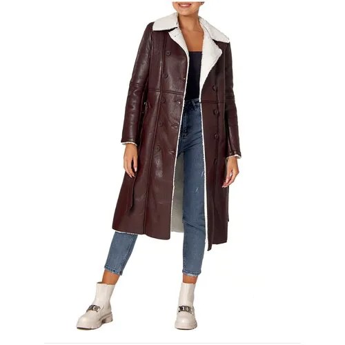 Куртка MTFORCE, овчина, удлиненная, силуэт прямой, пояс/ремень, размер 42, коричневый