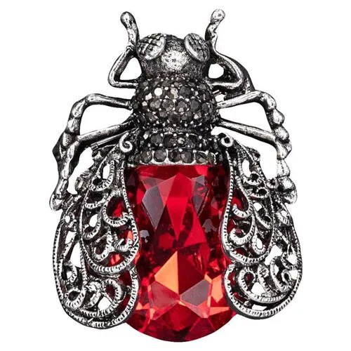 Брошь OTOKODESIGN, бижутерный сплав, искусственный камень, красный, серебряный