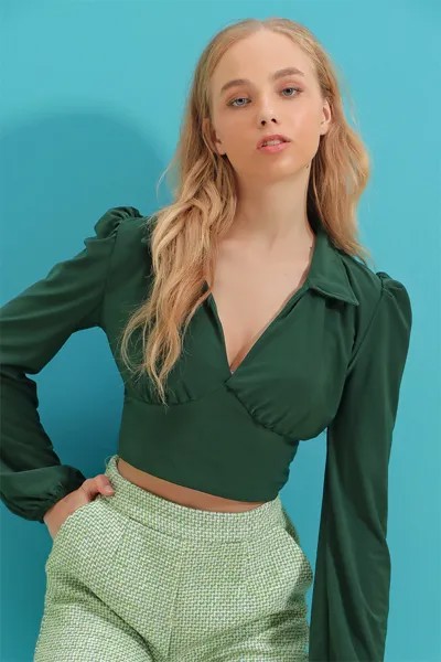 Женская зеленая укороченная блузка песочного цвета с рубашечным воротником и корсетом ALC-X9358 Trend Alaçatı Stili, зеленый