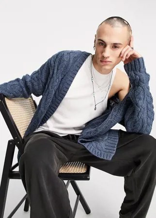 Плотный вязаный кардиган с узором «косы» из синего денима ASOS DESIGN-Голубой