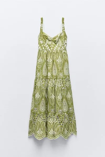 Платье - миди Zara Cutwork Embroidery, светло-зеленый