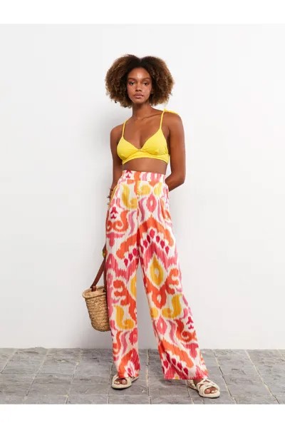 Женские атласные брюки с рисунком и эластичной резинкой на талии LC Waikiki, оранжевый