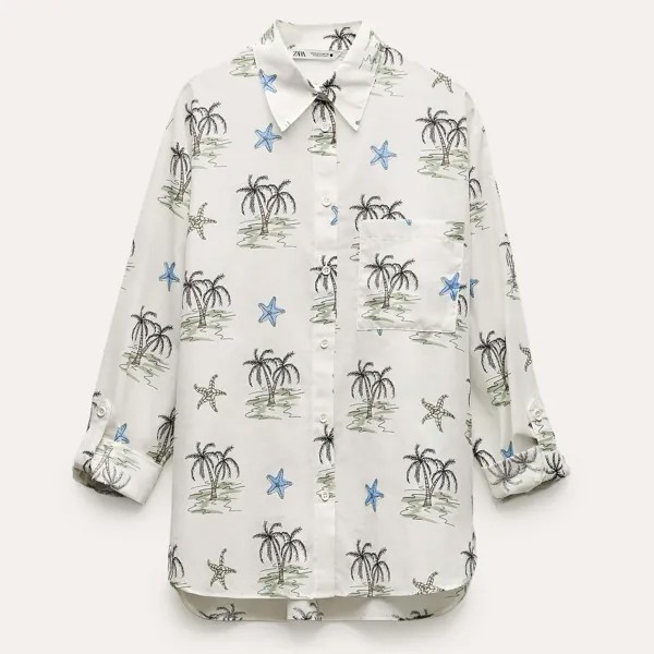 Рубашка Zara ZW Collection Printed Shirt, светло-бежевый/зеленый