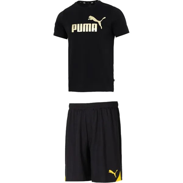 Повседневная спортивная мужская черная майка + черно-золотые шорты Puma, черный