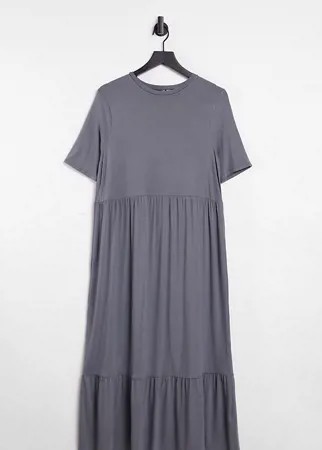 Серое ярусное платье-футболка миди с присборенной юбкой ASOS DESIGN Tall-Серый