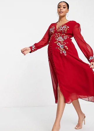 Чайное платье миди красного цвета с длинными рукавами и вышивкой Hope & Ivy Maternity-Красный
