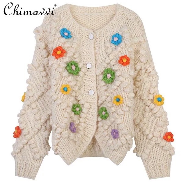 Плотный кардиган с цветочной вышивкой, Осень-зима 2021, утепленный Свободный вязаный свитер, пальто, женская корейская мода, вязаный жакет