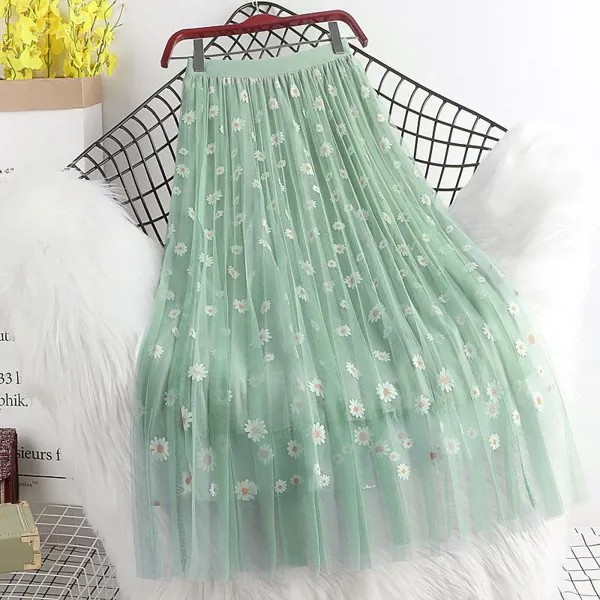 Сетчатая юбка, маленькая маргаритка цветочная высокая талия тонкая юбка A-line средняя длина плиссированная юбка большая юбка дамская сетчатая юбка принт украшение
