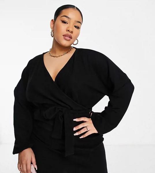 Черное мягкое платье мини с пышными рукавами ASOS DESIGN Curve-Черный