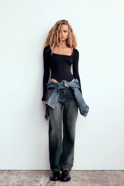Боди из полиамида с квадратным вырезом ZARA, черный