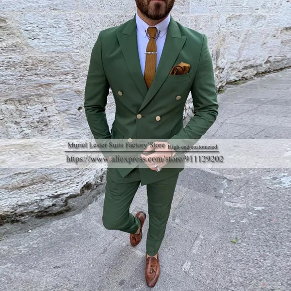 Весны/осени зеленого Slim Fit двубортный пиджак смокинг сделанный на заказ Мужские свадебные костюмы жениха одежда куртка + штаны