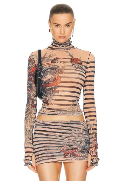 Топ Jean Paul Gaultier Printed Mariniere Tattoo High Neck Long Sleeve, цвет Nude, Blue, & Red