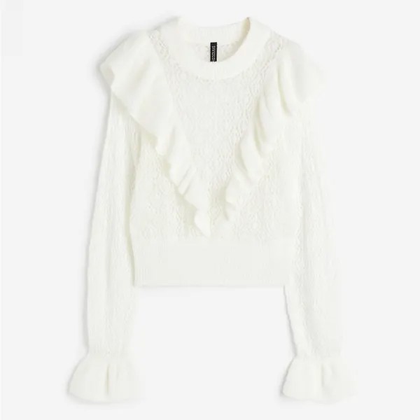 Свитер H&M Ruffle-trimmed Pointelle-knit, белый