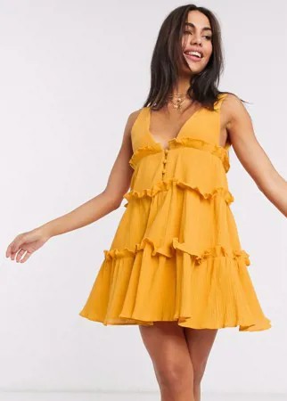 Фактурный сарафан мини горчичного цвета на пуговицах ASOS DESIGN-Желтый