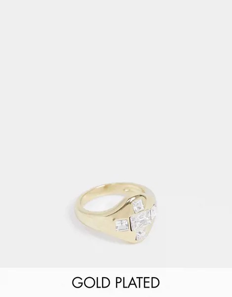 Позолоченное кольцо-печатка с мозаикой из камней с огранкой «багет» Luv AJ-Золотой