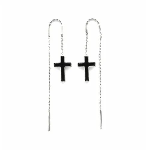 Серьги цепочки, с подвесками Twozi серьги -подвесы Cross, серебро, 925 проба, серебрение, янтарь, размер/диаметр 35 мм, серебряный, черный