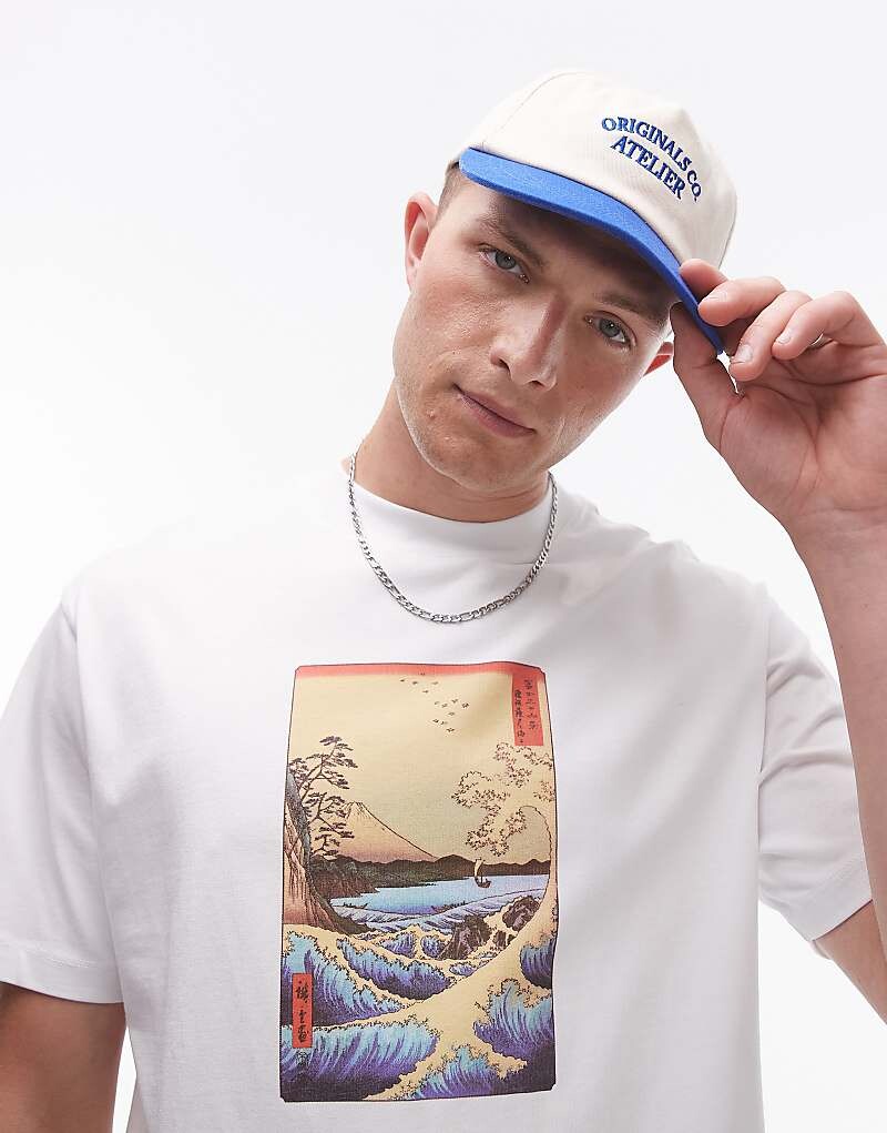 TOPMAN X ASHMOLEAN = Футболка оверсайз белого цвета с принтом «волны и вулкан»