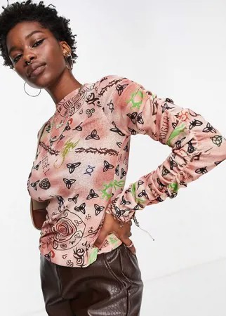 Лонгслив с разноцветным принтом в виде тату Topshop-Разноцветный