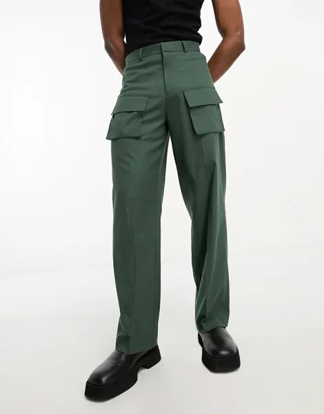 Брюки Asos Design Wide Cargo Pocket Suit, зеленый