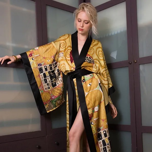 Домашний халат-кимоно с картинкой маслом, халат, пеньюар, одежда для сна, ночная рубашка, домашний костюм для женщин, домашняя одежда