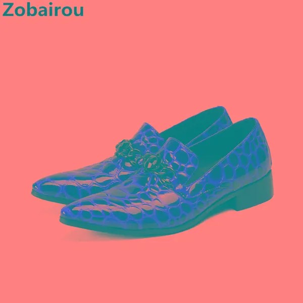 Zobairou zapatos hombre vestir/красные Дизайнерские мужские туфли-оксфорды из лакированной кожи с металлическим украшением; Мужские модельные офисные туфли с острым носком