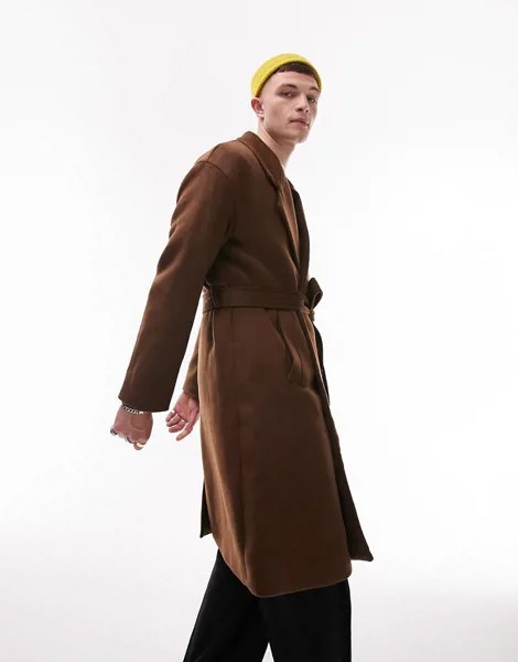 Пальто шоколадно-коричневого цвета из материала с добавлением шерсти с поясом Topman-Светло-бежевый цвет