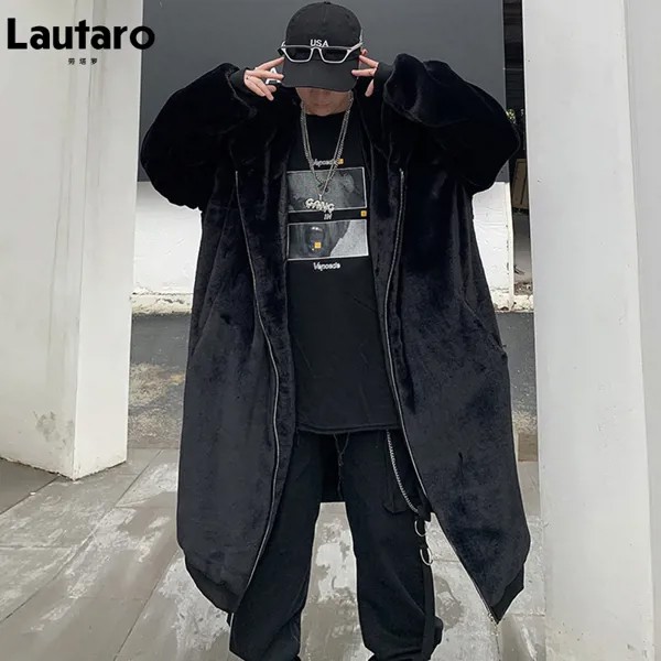 Lautaro зимняя оверсайз длинная черная теплая толстая мягкая пушистая мужская шуба из искусственного меха с капюшоном на молнии Повседневная ...
