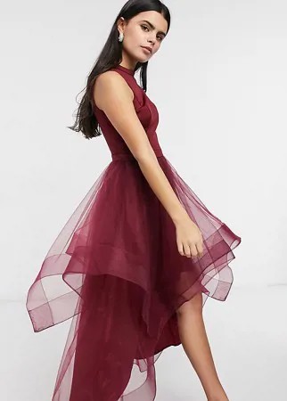 Бордовое асимметричное платье для выпускного из органзы Chi Chi London Petite-Красный